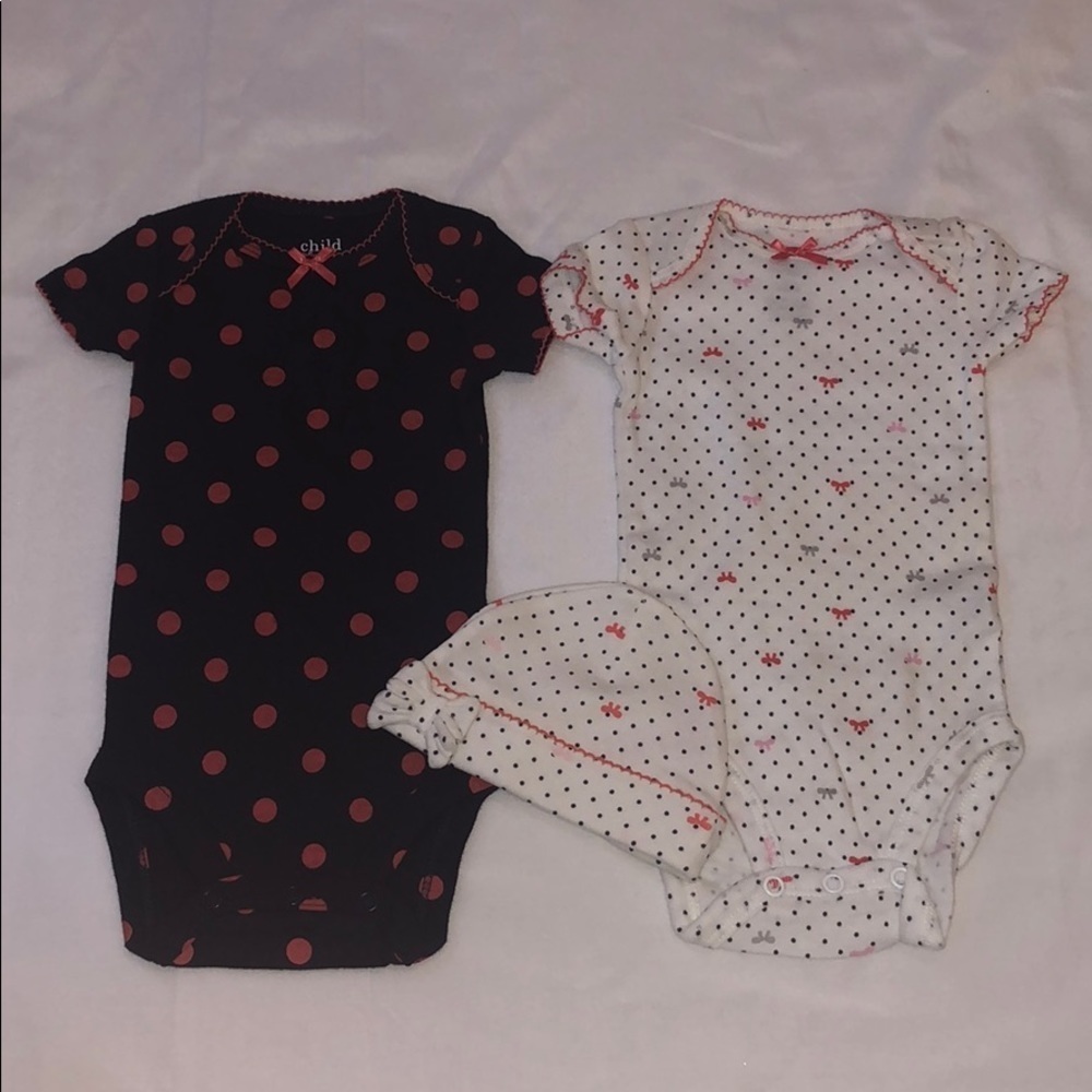 3 Piece 0-3 Months Girl Set - 2 Bodysuits & 1 Hat